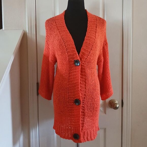 Rain + Rose Sweaters - Coastal Boho Orange Chunky Loose Knit 3 Button Cardigan 3/4 Sleeves S